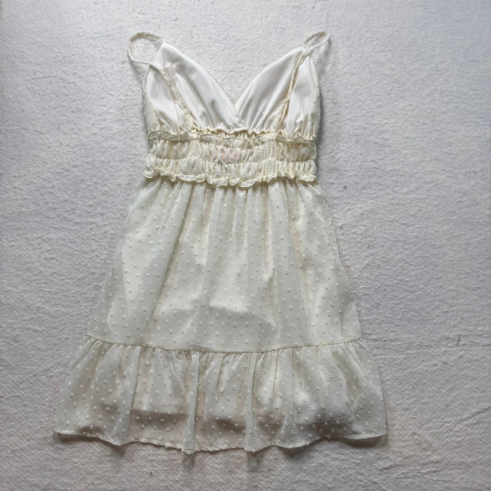 Wishful Thinking Cream Swiss Dot Mini Dress Smocked Waist Ruffle Hem Medium #390 - Picture 8 of 11